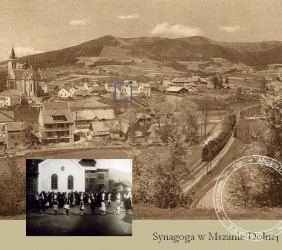 The location of the synagogue in Mszana Dolna skyline. Source: The National Digital Archives of Poland.