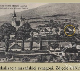 A 1915 postcard with the synagogue visible on the left of the school (the big white building on the right), partly hidden behind the trees. You can see one of the large windows with a curved top and the round skylight.