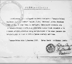 9.	Jochwed Schwitzer’s birth certificate issued by rabbi Natan Dawid Holländer in 1937, stating 1874 as the date of birth. 