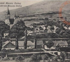 8. A postcard with a view of Mszana Dolna, 1915. Synagogue building can be seen on the left side of the school, partially obscured by trees