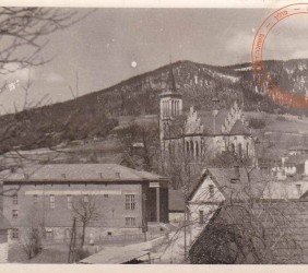 23. Mszana Dolna, 1938, a view of St Michael Church, in the bottom-left there is the house and bakery of the Beldegrün family