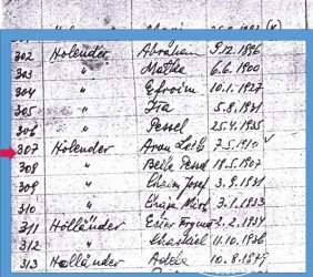 The names of rabbi Aron Lejb Holländer and his family on the list of Jews living in Mszana Dolna drafted on 15 June 1942. A note next to Aron’s name indicates he was not killed in the mass murder of 19 August 1942. 